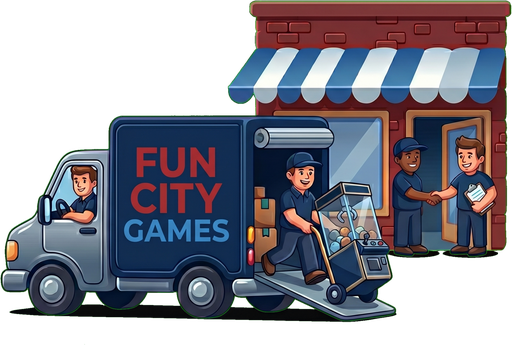 Fun City Games delivery van arriving at a local business with technicians unloading an arcade machine and shaking hands with the owner
