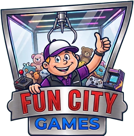 Fun City Games mascot and claw machine emblem